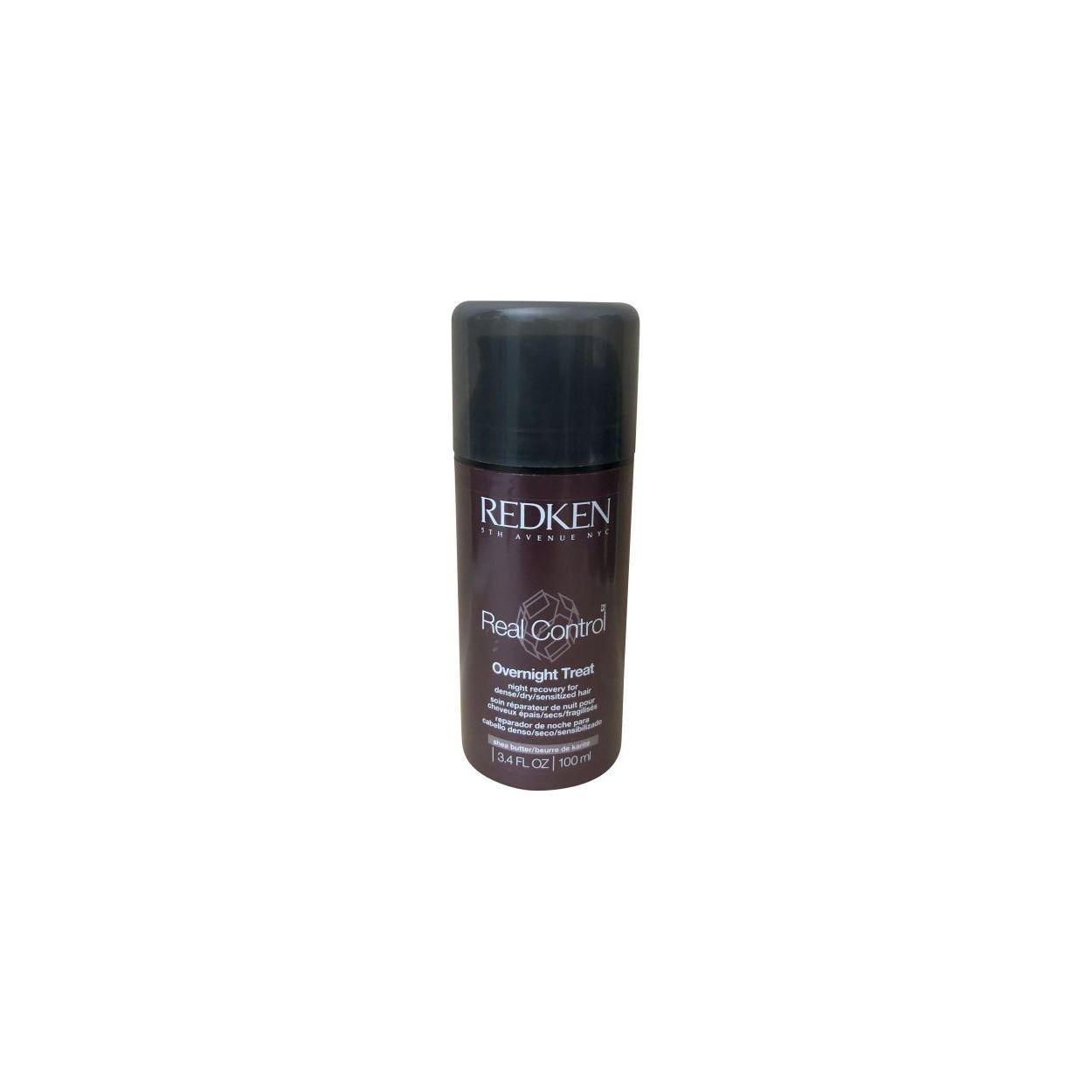 Redken Real Control Overnight Hair Treatment in 3.4 fl oz bottle, designed to nourish and strengthen damaged hair overnight.