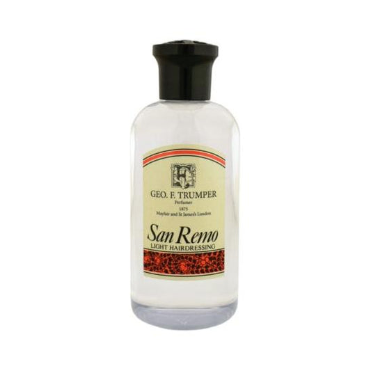 Geo. F. Trumper San Remo Light Hairdressing, 100ml bottle, hair styling product with a clear liquid in a professional bottle