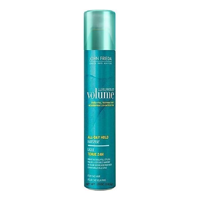 John Frieda Luxurious Volume Hairspray 10 oz bottle with a spray nozzle, designed for all-day hold and voluminous hair.