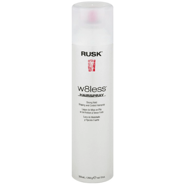 Rusk Designer W8less Strong Hold Hairspray in a 10 oz bottle, providing firm styling and long-lasting hold for all hair types.