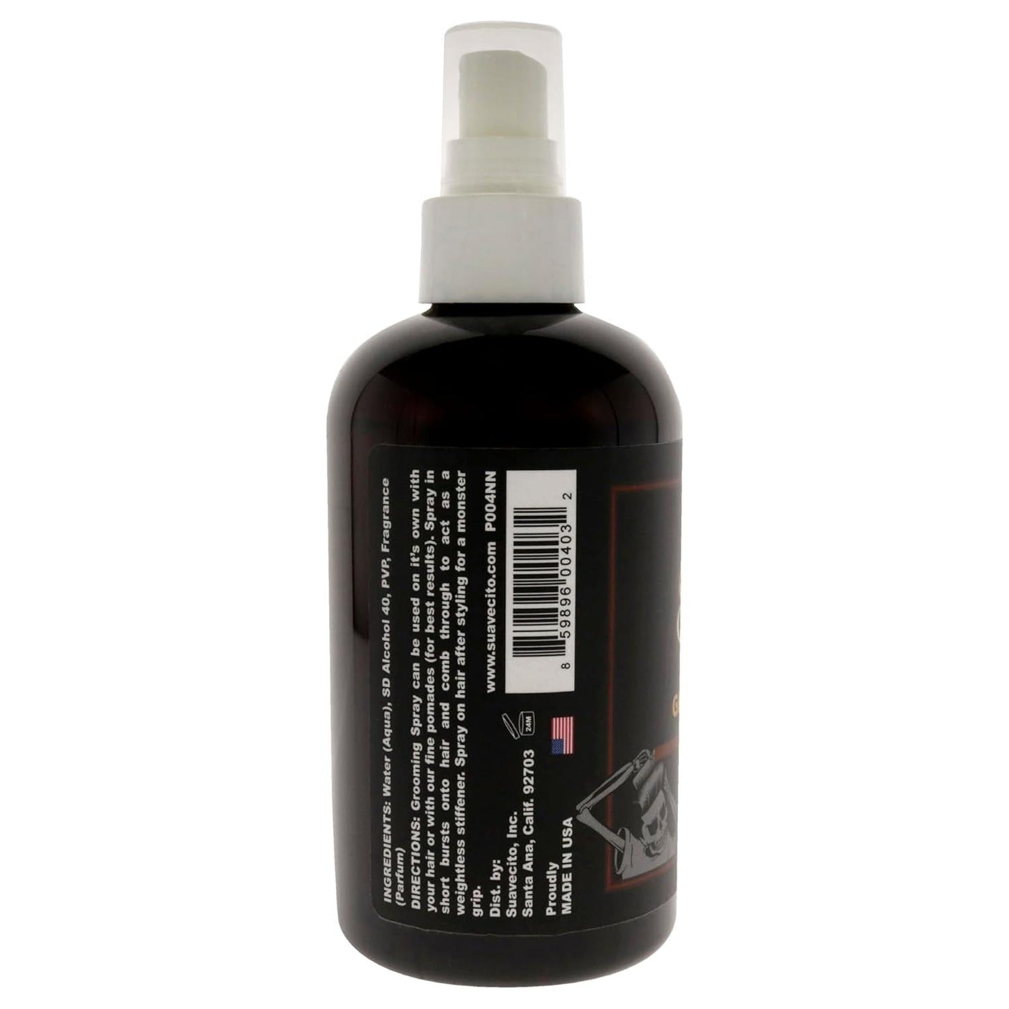 Suavecito Grooming Spray hairspray in 8 oz bottle, natural hold, ideal for styling and finishing hair.