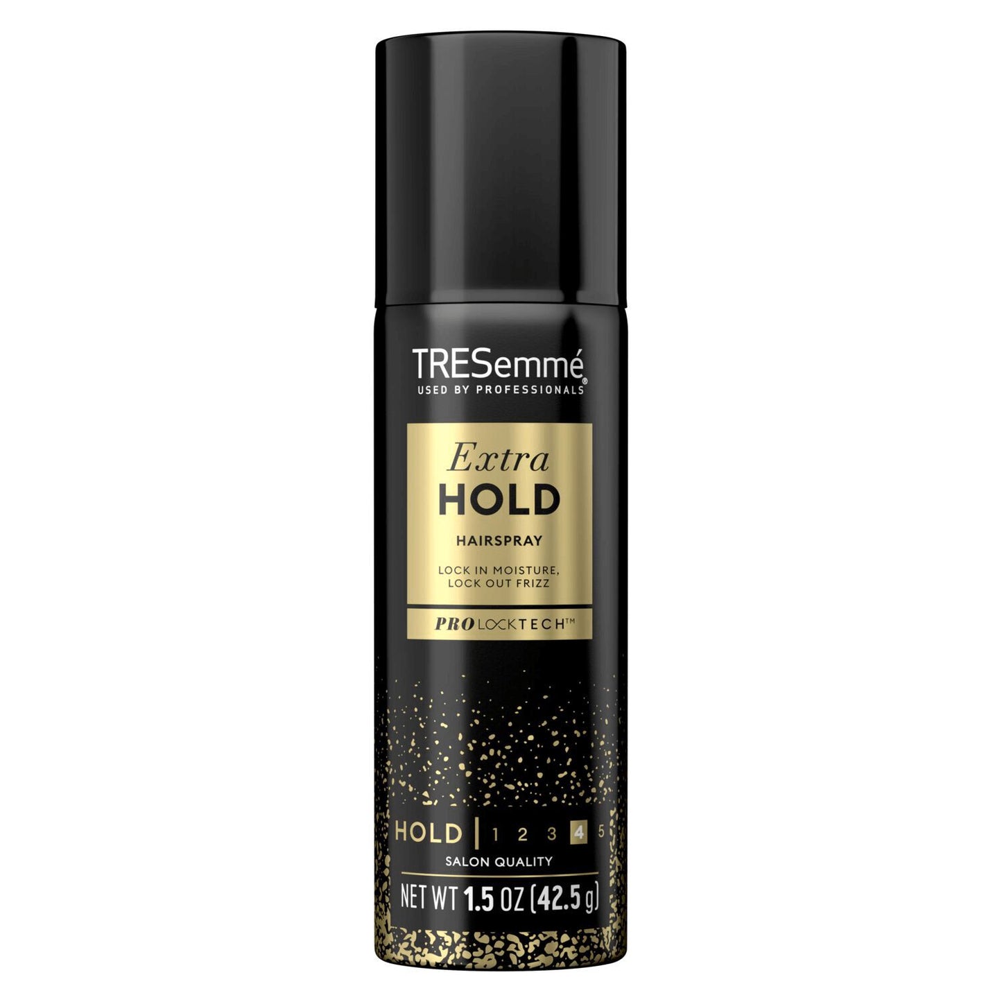 TRESemme Extra Hold Hairspray in a 1.5 oz spray bottle, providing strong, long-lasting hold for styled hair.