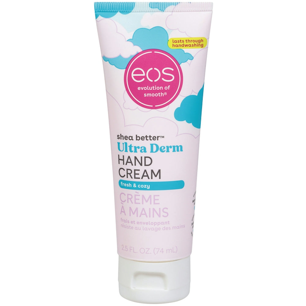 Eos Shea Better Fresh & Cozy Ultra Derm Hand Cream in 2.5 Fl Oz tube, moisturizing and nourishing for soft hands.