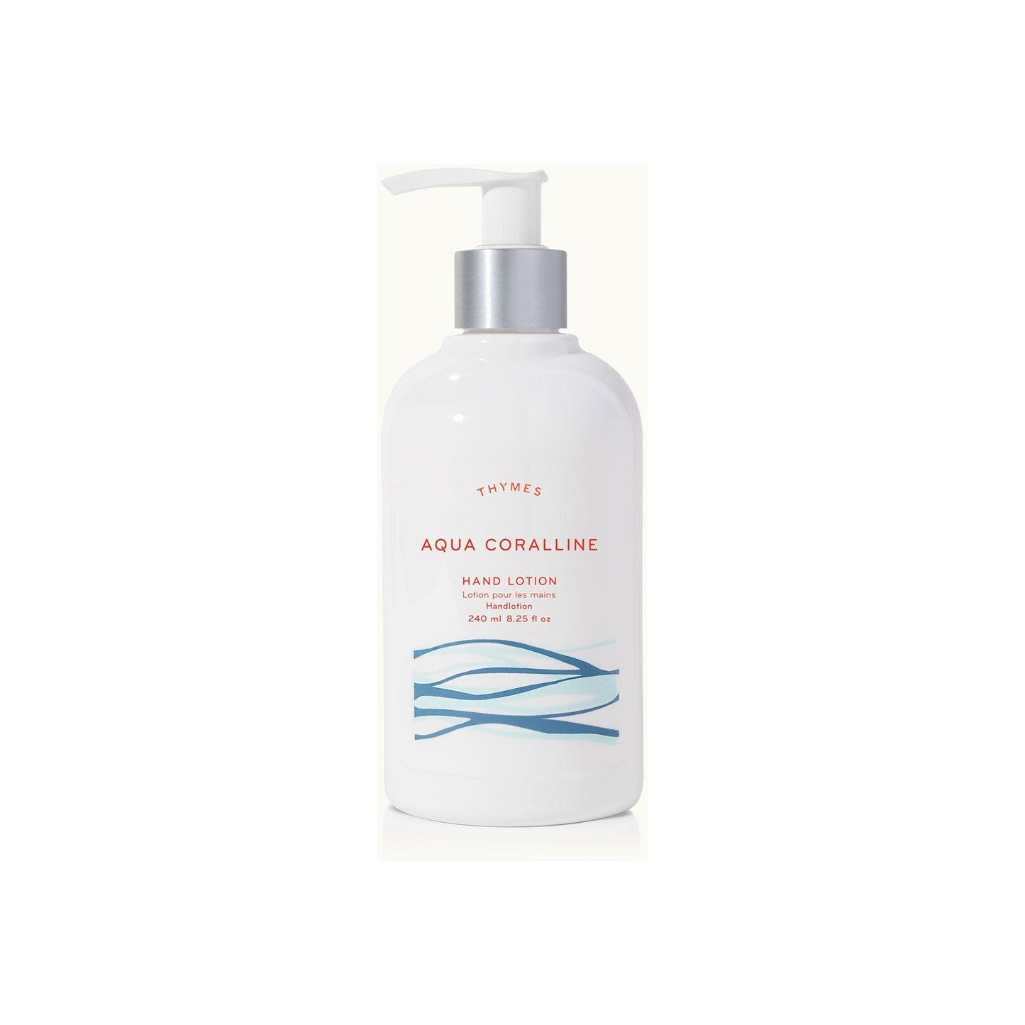 Pasteur Pharmacy Thymes Aqua Coralline hand lotion bottle with 240ml size, featuring a sleek design and botanical branding.