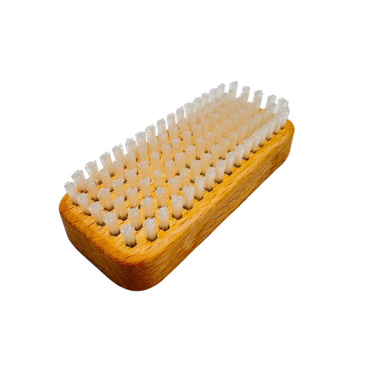 Dural beech wood hand and nail brush with short white nylon bristles, six-row design for effective hand and nail cleaning.