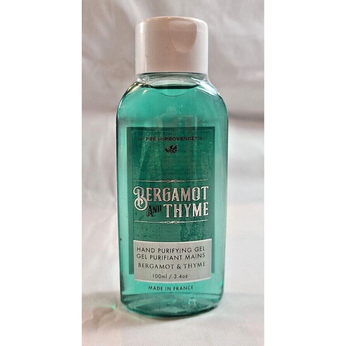 Pre de Provence Bergamot and Thyme hand purifying gel in a 100ml bottle, shown with a clean, natural design.