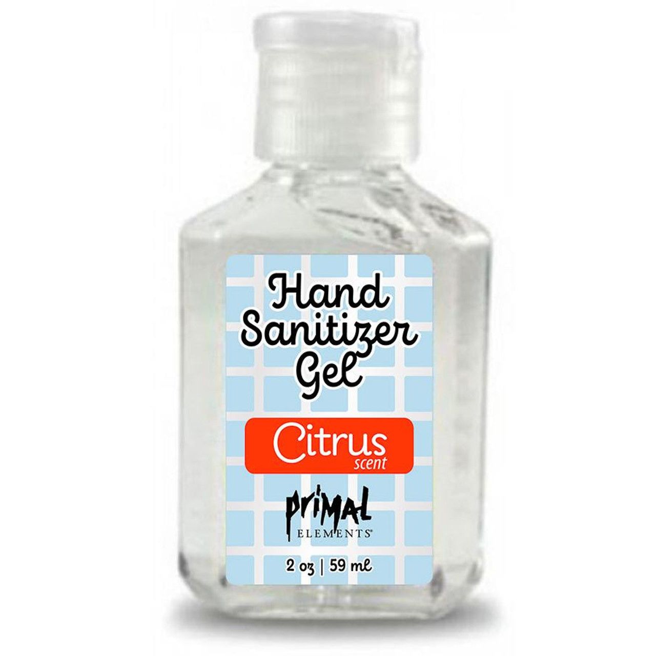Primal Elements Fresh Citrus Hand Sanitizer 2-ounce bottle with citrus scent and clear packaging, designed for hand hygiene.