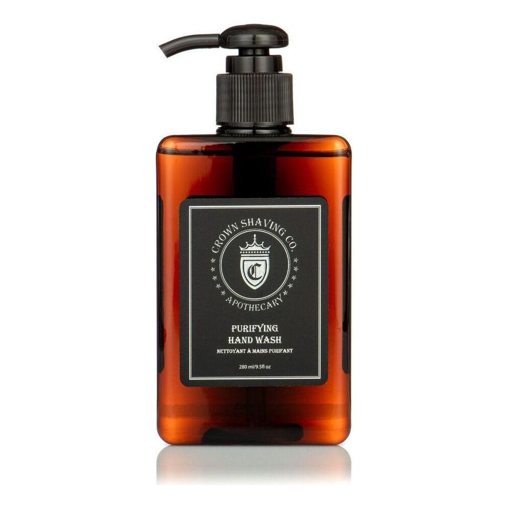 Crown Shaving Co. Purifying Hand Wash in 9.5 oz bottle, with clear liquid and pump dispenser, for clean and refreshed hands.
