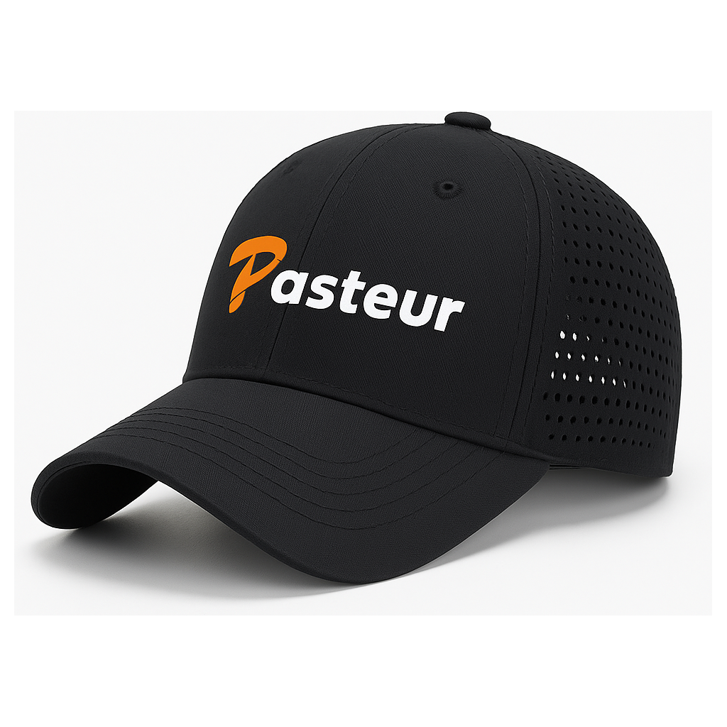 Pasteur Pharmacy Classic Embroidered Hat showing embroidered logo on a stylish hat with a curved brim and adjustable strap.