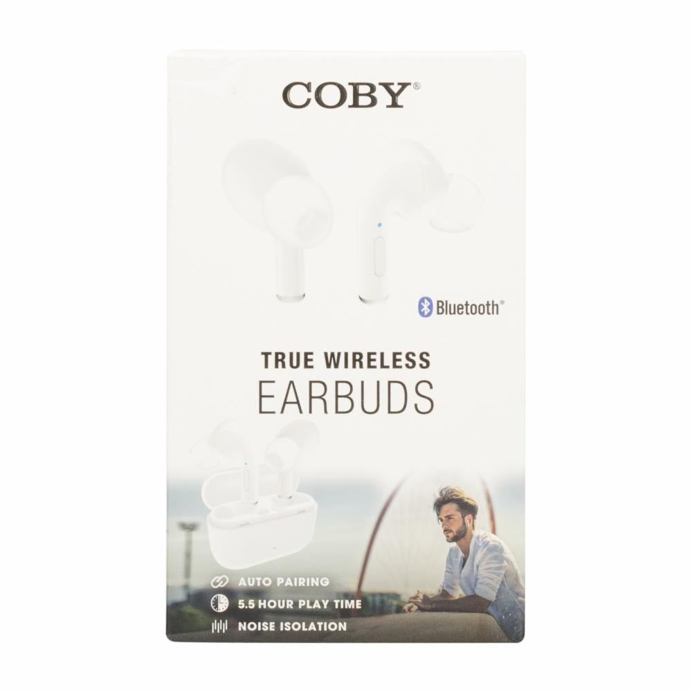 Coby® 516 True Wireless Earbuds in white, compact headphones with charging case, designed for hands-free listening.