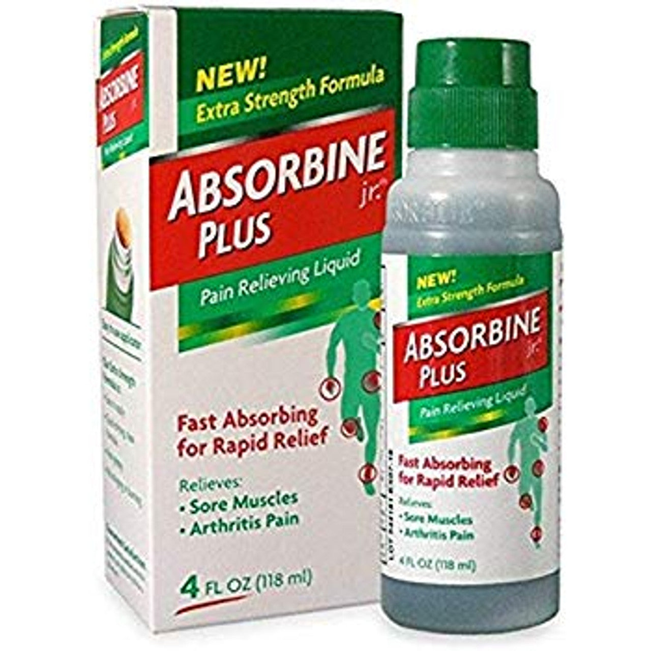 Absorbine Jr. Pain Relief Liquid in 4 oz bottle, health and beauty product with bright label and cap, designed for pain relief.