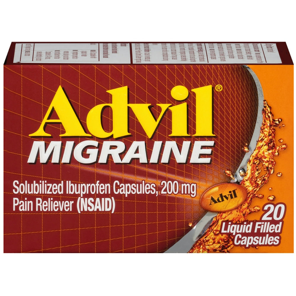 Advil Migraine Pain Reliever Liquid Filled Capsules 200 mg, 20-count, in blister pack, by Pasteur Pharmacy.