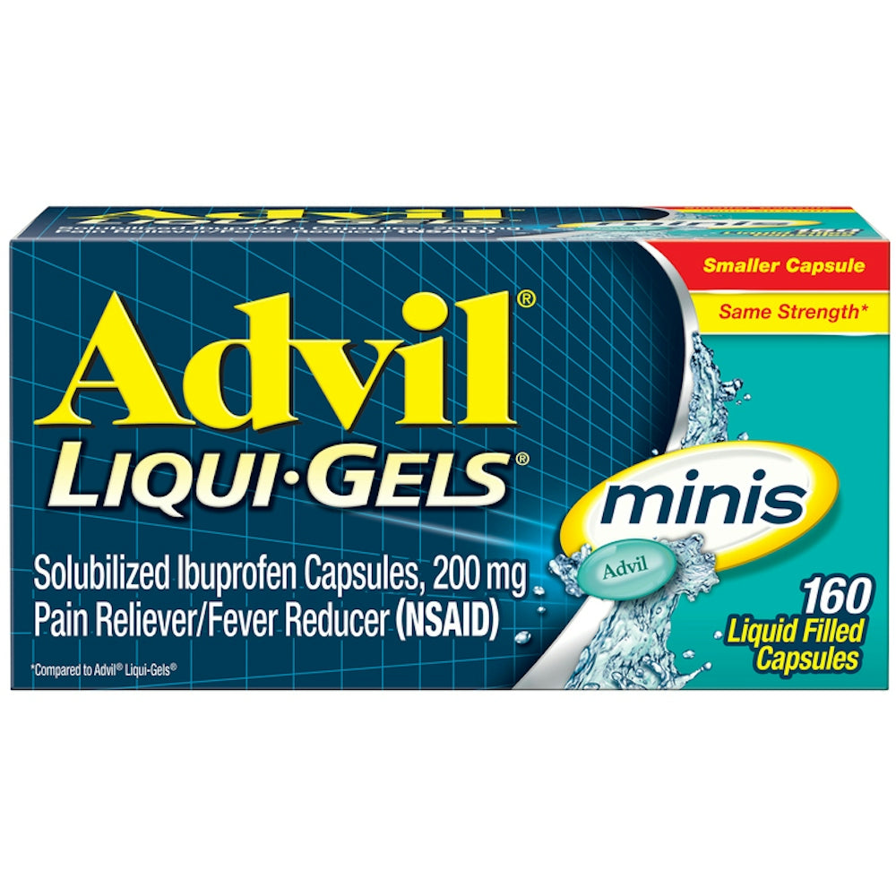 Advil Pain Reliever and Fever Reducer minis liquid-filled capsules in blister pack, 200 mg, by Pasteur Pharmacy.