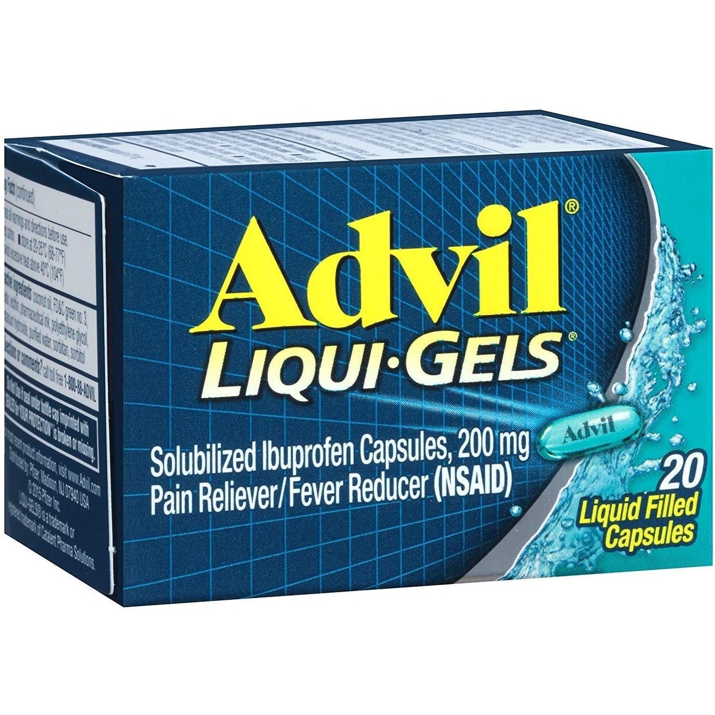 Advil Pain Reliever and Fever Reducer 200mg Liqui-Gels, 20 count, in blister pack, for fast relief of pain and fever.