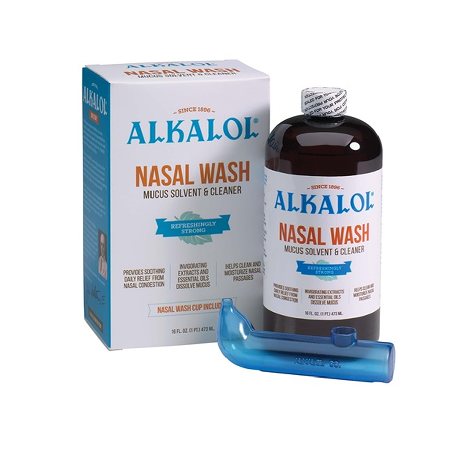 Alkalol Nasal Wash Liquid in 16 Oz bottle from Pasteur Pharmacy, used for nasal relief and sinus cleansing.
