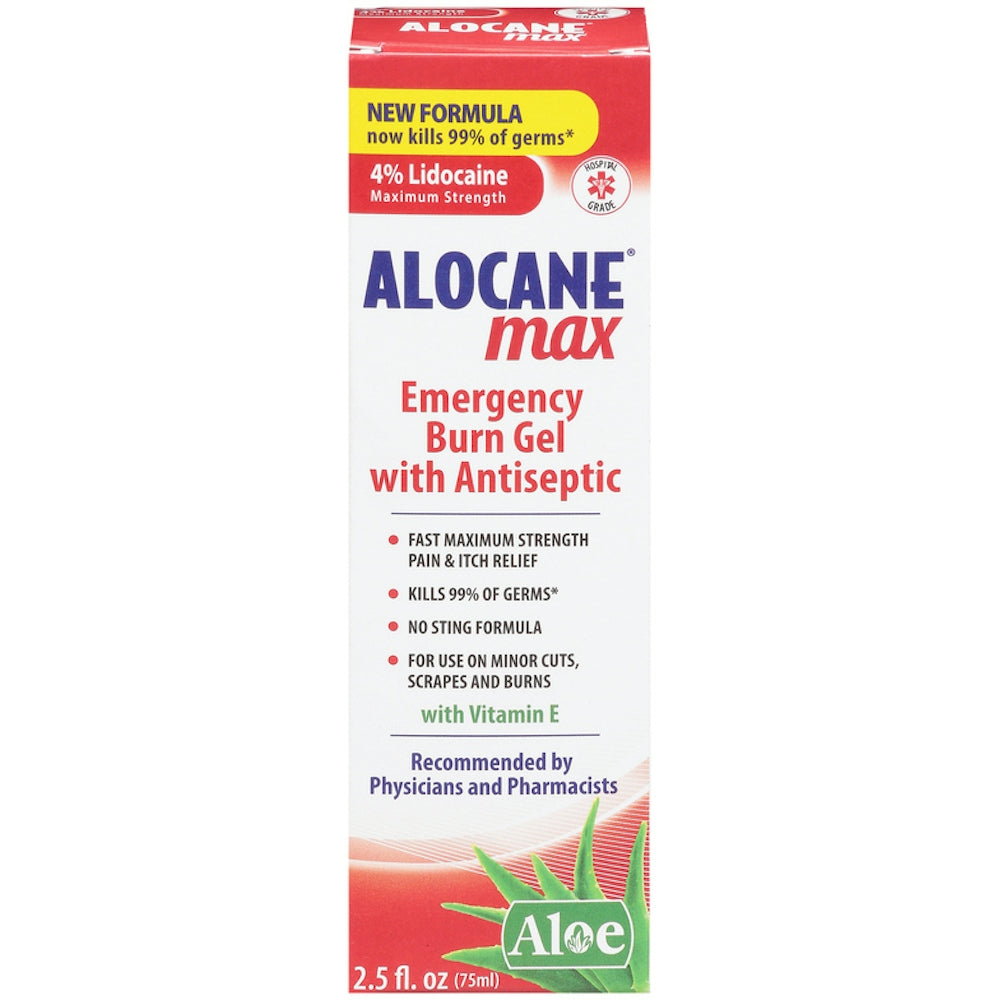Alocane Emergency Burn Gel in 2.5 fl oz tube, maximum strength, for soothing and treating minor burns.