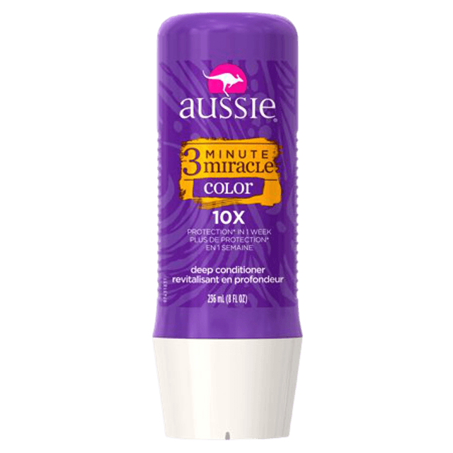 Aussie 3 Minute Miracle Conditioning Treatment for color-treated hair, in a white bottle with blue and purple accents.