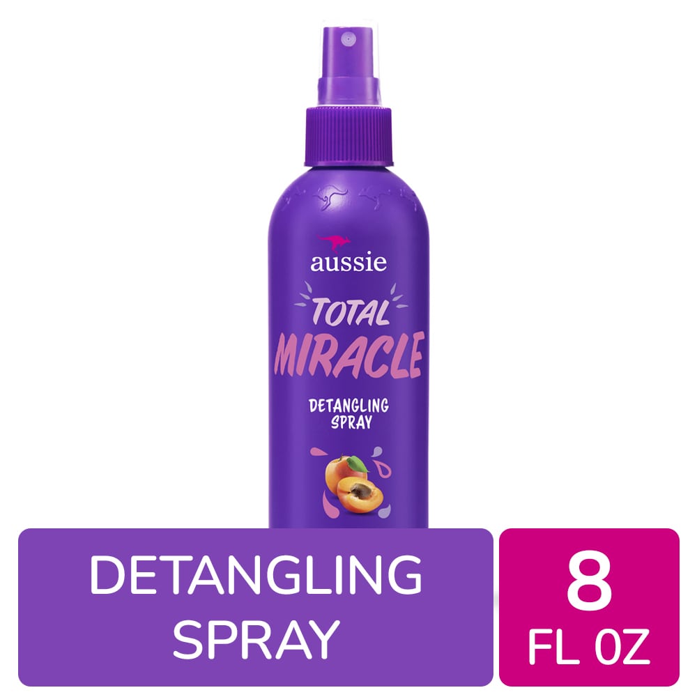 Aussie Total Miracle Detangling Spray with Apricot and Macadamia Oil in an 8 Fl Oz bottle, for healthy, manageable hair.