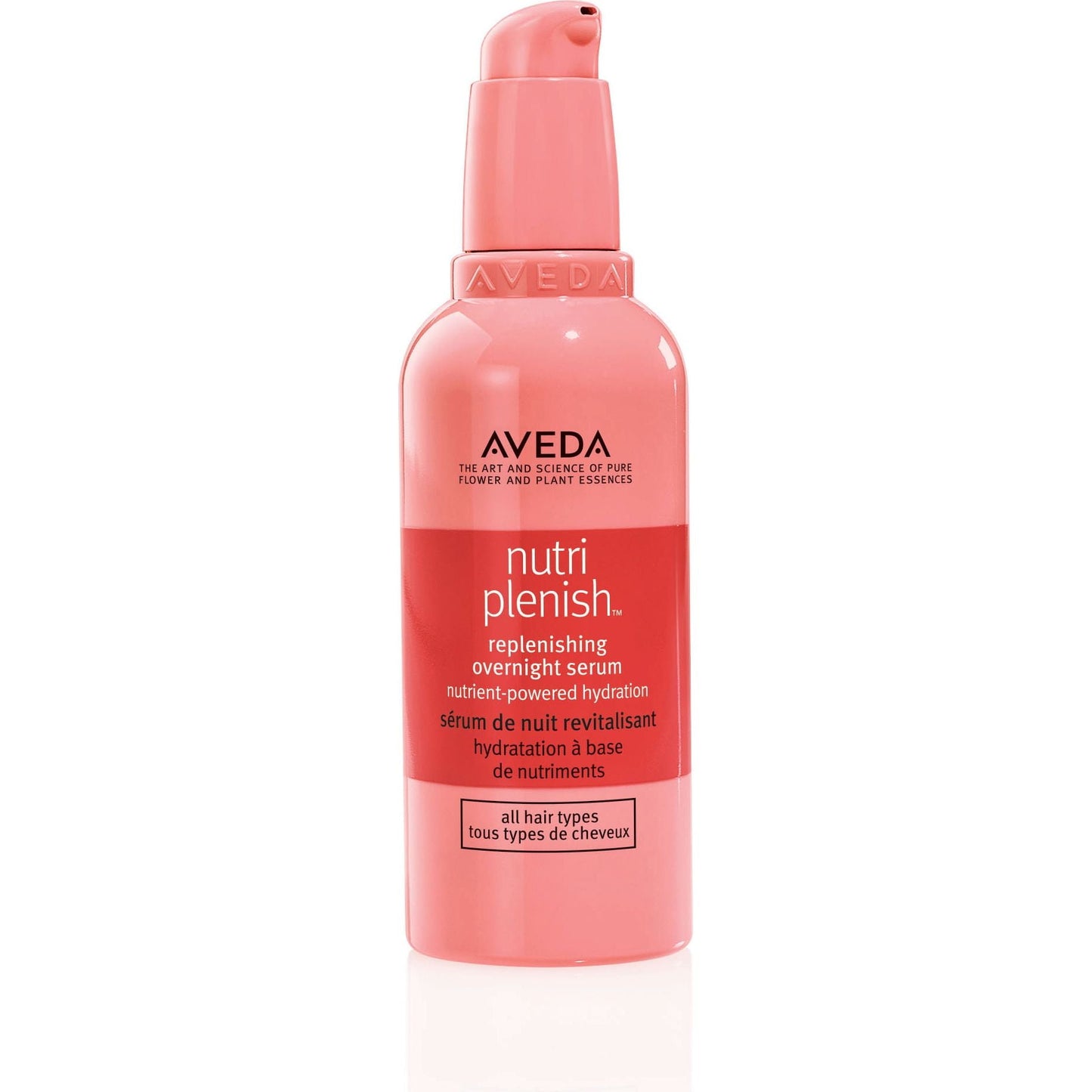 Aveda Nutriplenish Overnight Replenishing Serum bottle, 100ml, in a sleek skincare container on a neutral background.