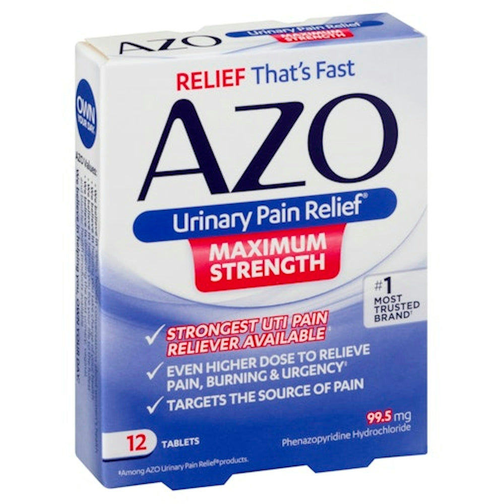 AZO Standard Maximum Strength urinary pain relief tablets in blister pack, designed for urinary health and soothing discomfort.