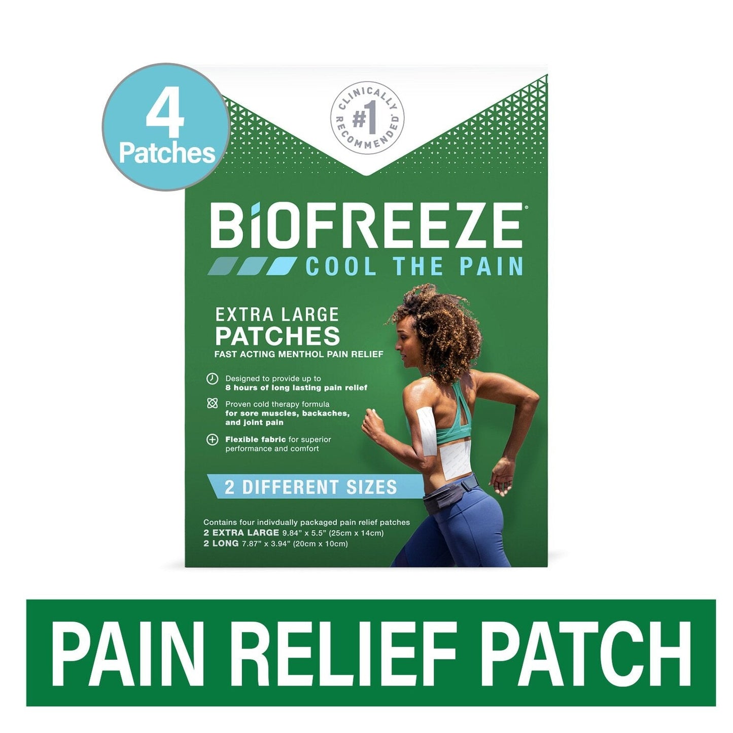 Biofreeze Menthol Pain Relief Patches Extra Large by Pasteur Pharmacy, showing the patches designed for targeted pain relief.