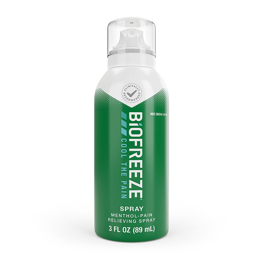 Biofreeze Menthol Pain Relief Spray in a 3 fl oz bottle, providing soothing muscle and joint relief.