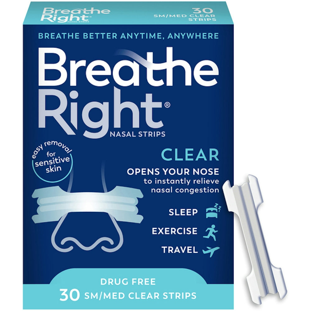 Breathe Right nasal strips, original clear, small/medium size, for nasal congestion relief, by Pasteur Pharmacy.