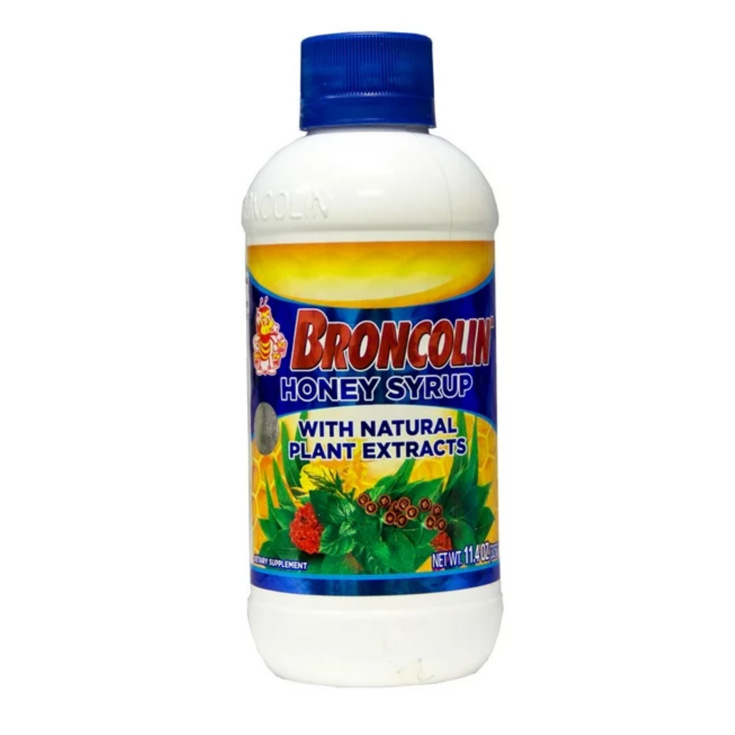 Broncolin Honey Syrup with Natural Plant Extracts in an 11.4 oz bottle, used for soothing coughs and sore throats.