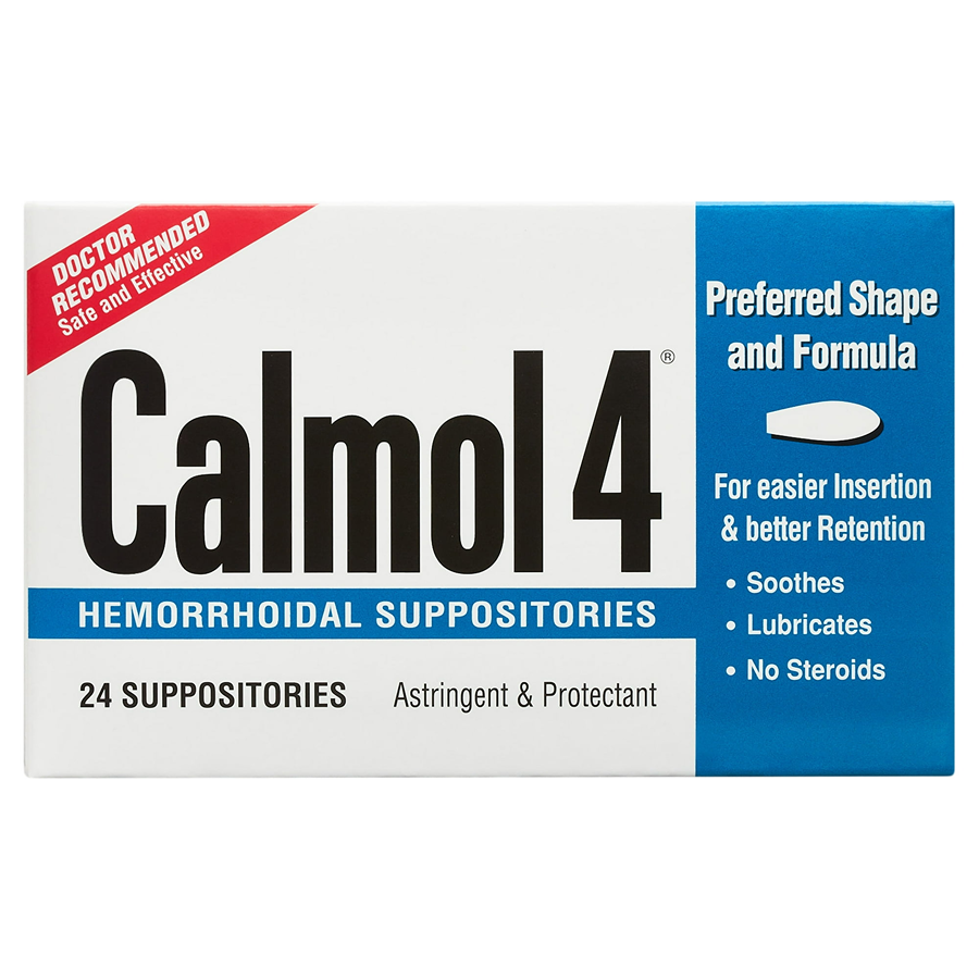 Calmol 4 hemorrhoidal suppositories in blister pack, used for relief of hemorrhoid symptoms, by Pasteur Pharmacy.