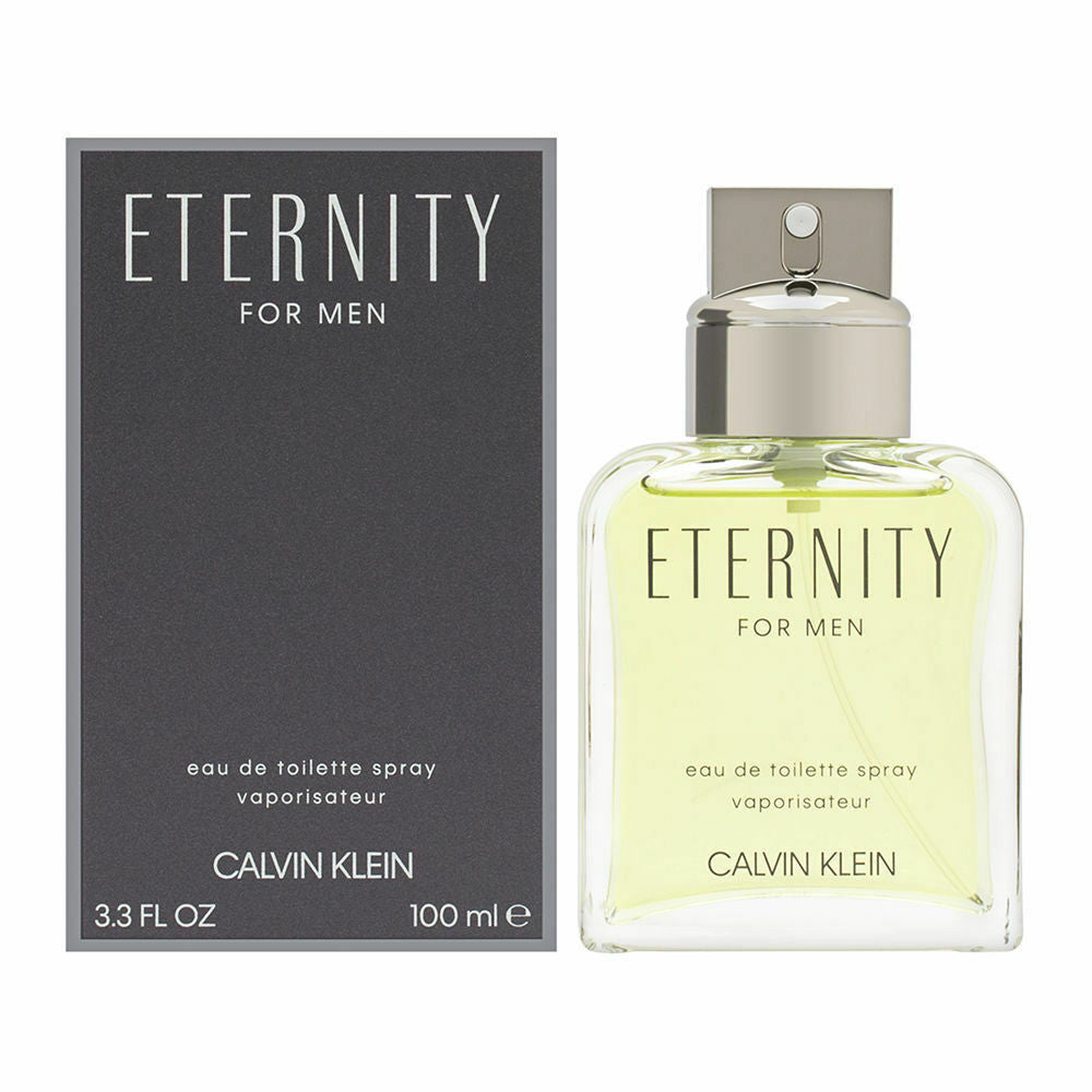 Calvin Klein Eternity Eau De Toilette spray for men, 3.3 oz bottle, elegant packaging with clear label, health and beauty product.