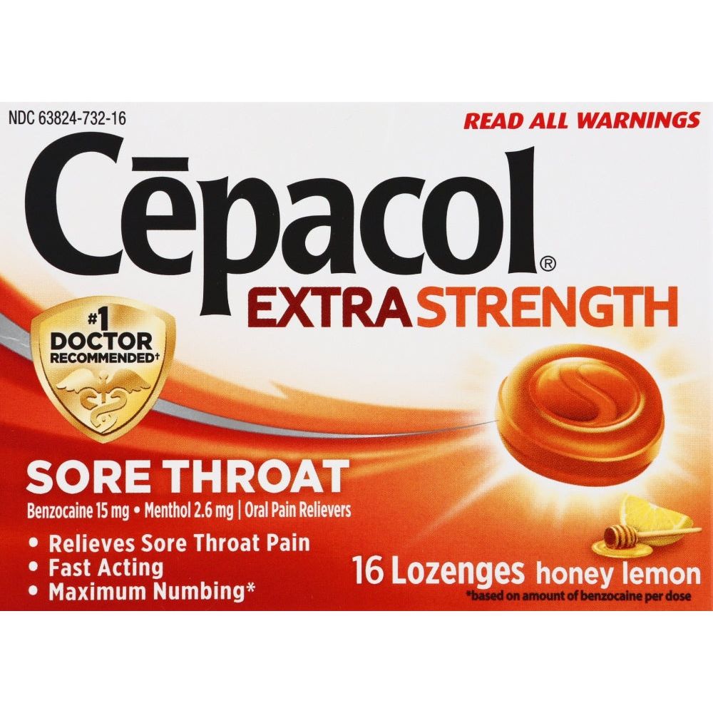 Cepacol Extra Strength Sore Throat Relief Lozenges in honey lemon flavor, 16 count, from Pasteur Pharmacy, displayed in a package.