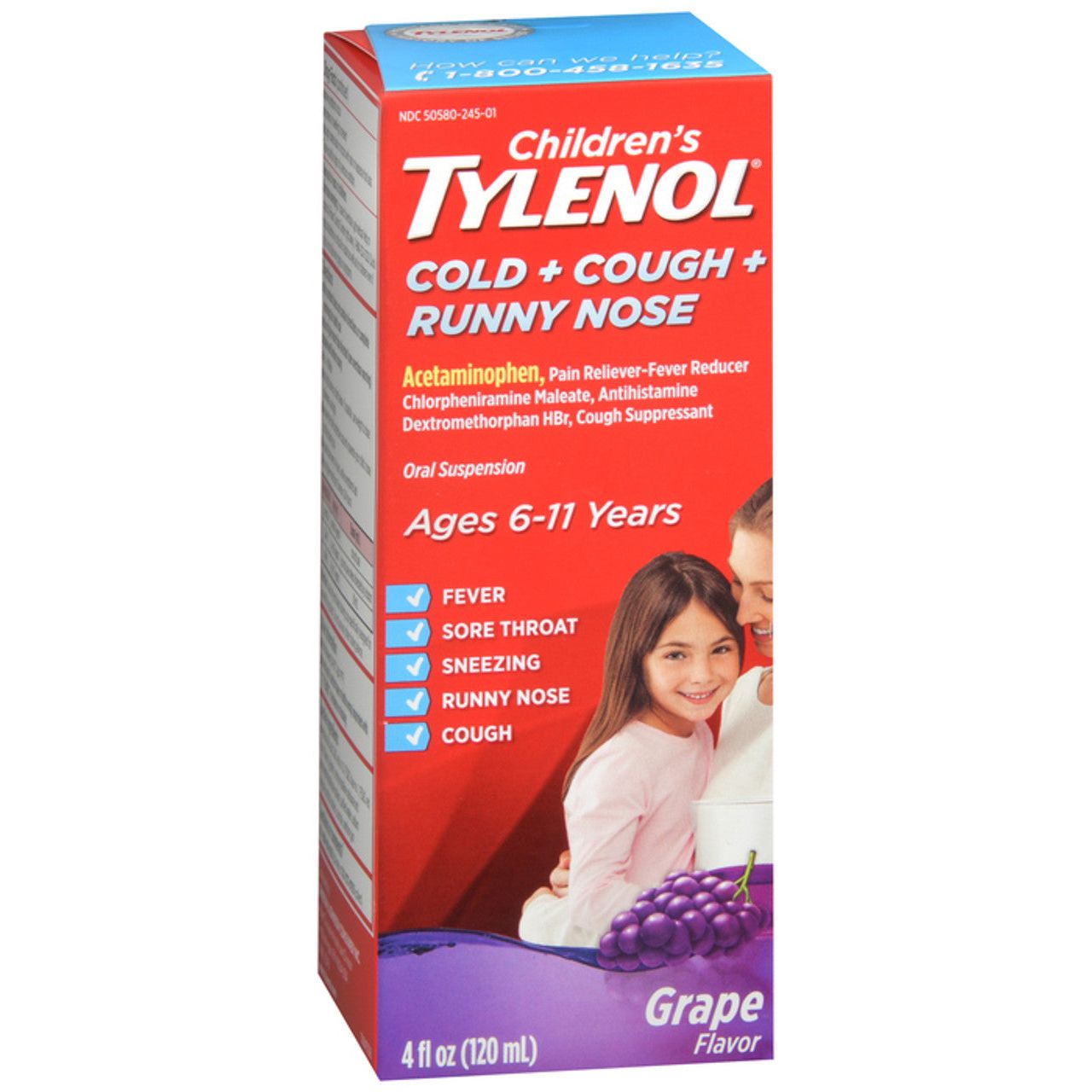 Children's Tylenol Cold + Cough Grape Flavor 4 Fl Oz bottle from Pasteur Pharmacy, for relief of cold symptoms in kids.