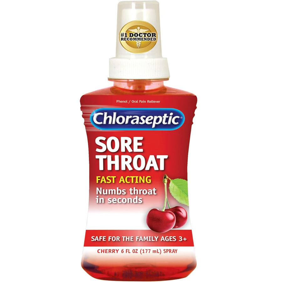 Chloraseptic Cherry Sore Throat Spray in a 6 fl oz bottle, designed for soothing sore throat relief, by Pasteur Pharmacy.