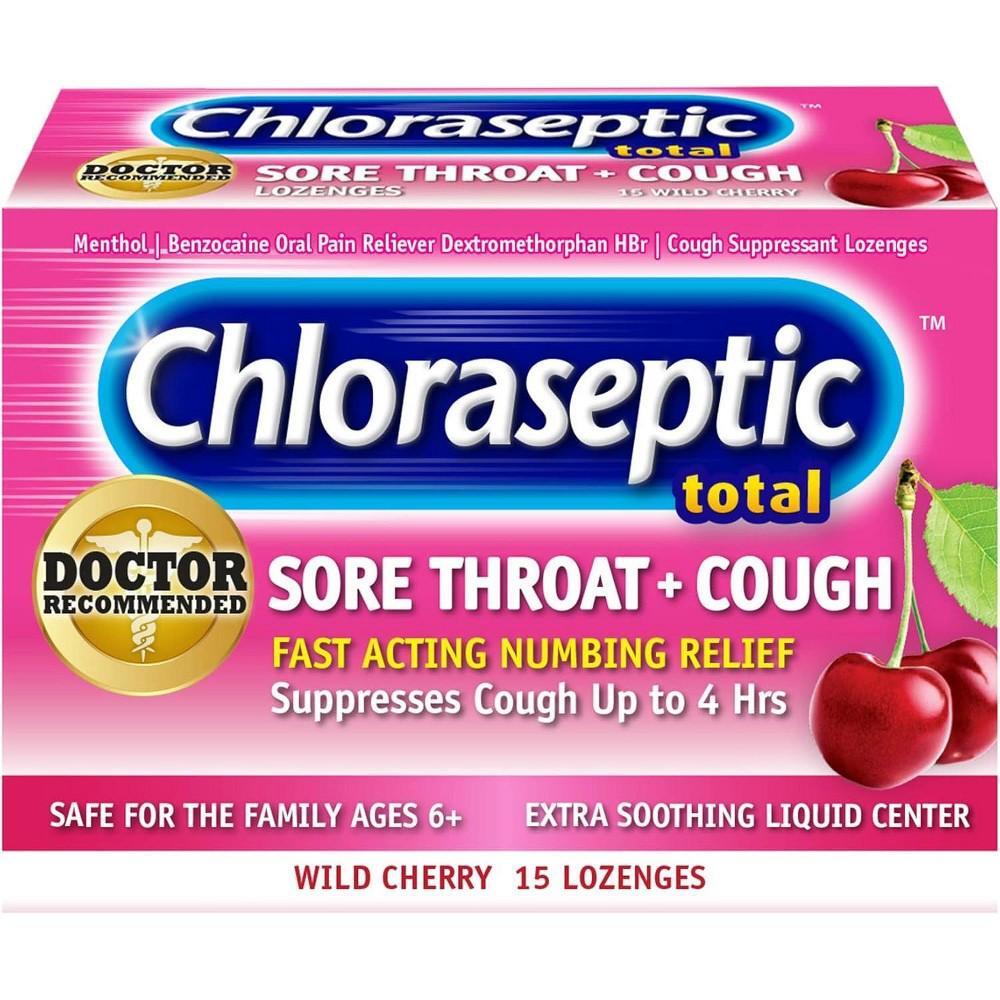 Chloraseptic Total Sore Throat and Cough Lozenges in Wild Cherry flavor, Pasteur Pharmacy health and beauty product, close-up image