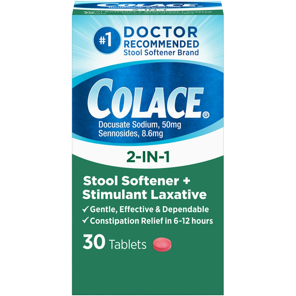 Box of Colace 2-in-1 stool softener and stimulant laxative tablets by Pasteur Pharmacy, showing the product packaging.