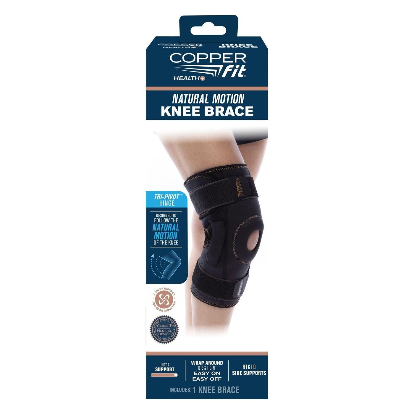 Copper Fit Natural Motion Knee Brace from Pasteur Pharmacy, adjustable one size fits most, providing support and stability for knees.