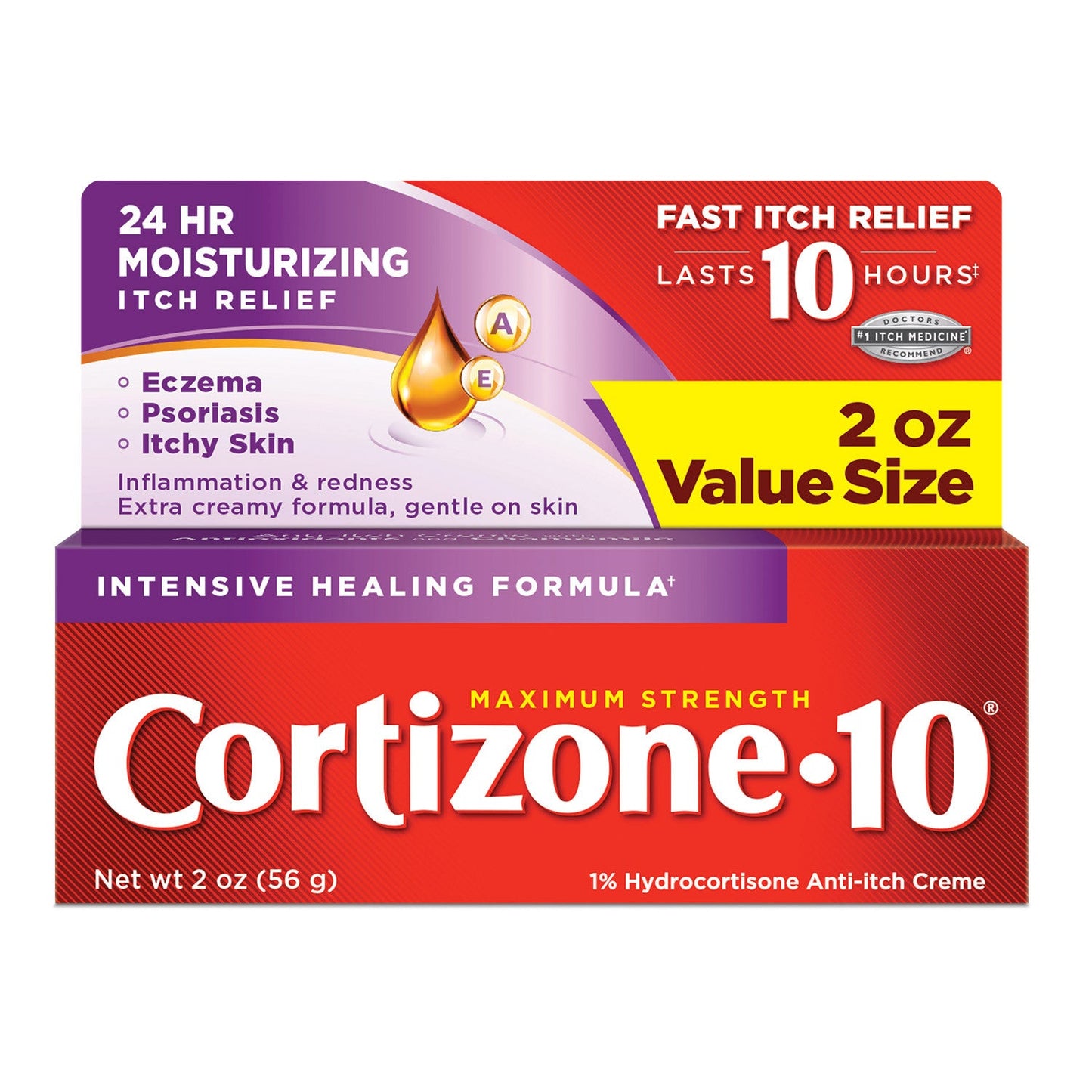Cortizone 10 Anti-Itch Creme by Pasteur Pharmacy, maximum strength, 2 oz tube for soothing skin irritation and intense healing.