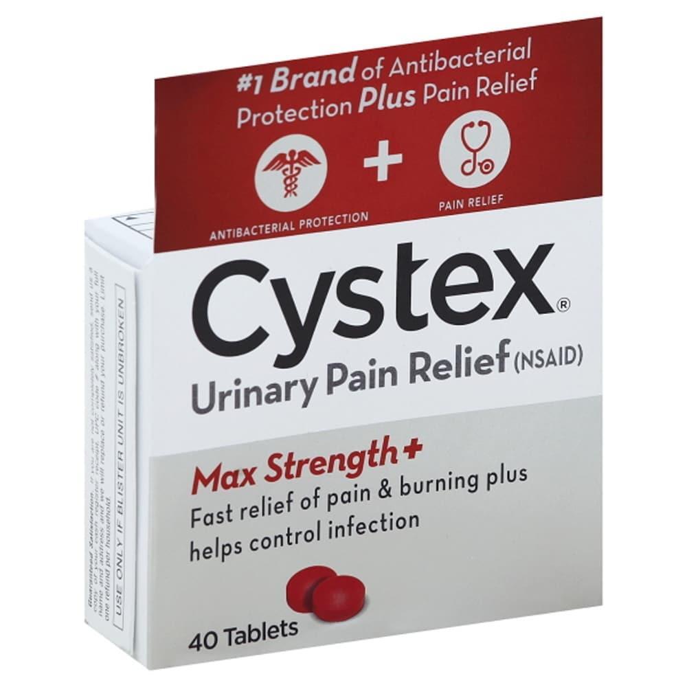 Cystex Urinary Pain Relief Max Strength+ tablets for urinary health and pain relief, in a white bottle with blue label.