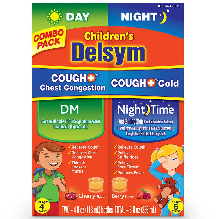 Delsym Children's Cough Day & Night Liquid in 4 oz bottles, part of Pasteur Pharmacy health and beauty product pack.