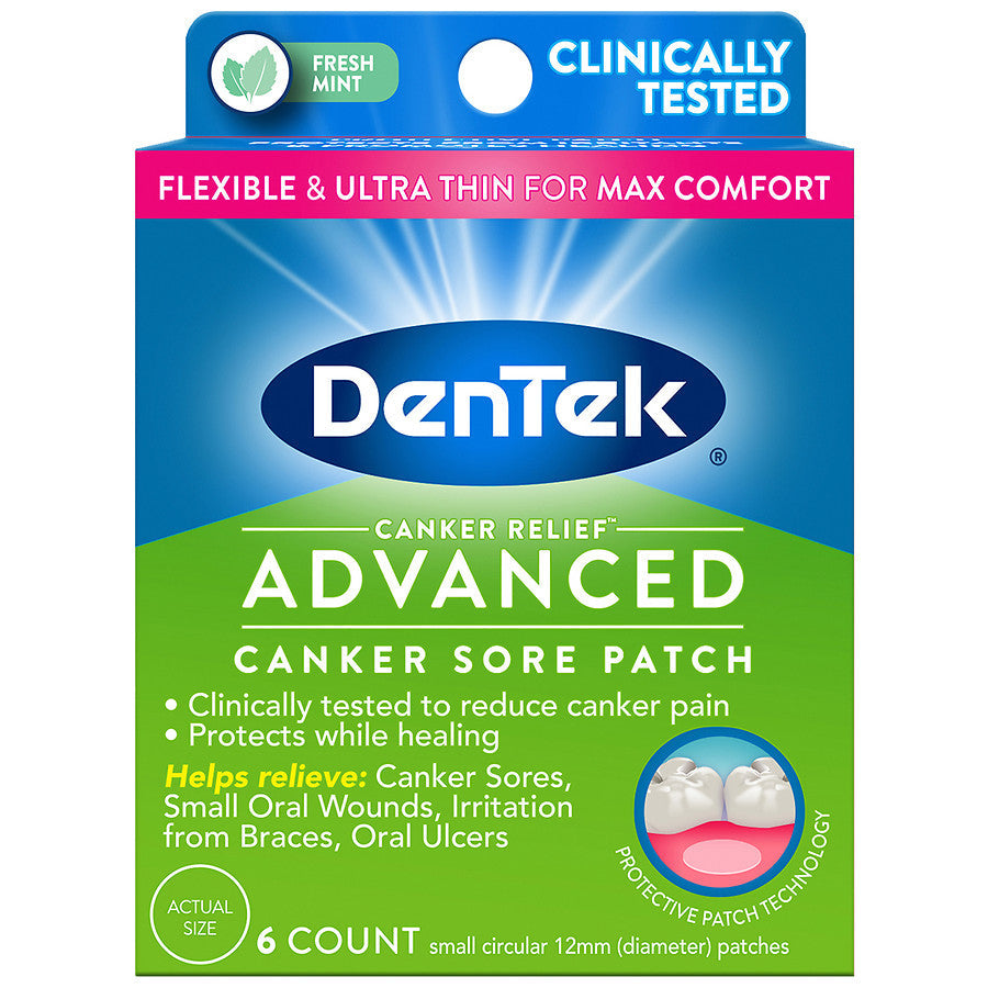 DenTek Canker Cover Relief Patch for mouth sores, designed to protect and soothe oral ulcers in the mouth.