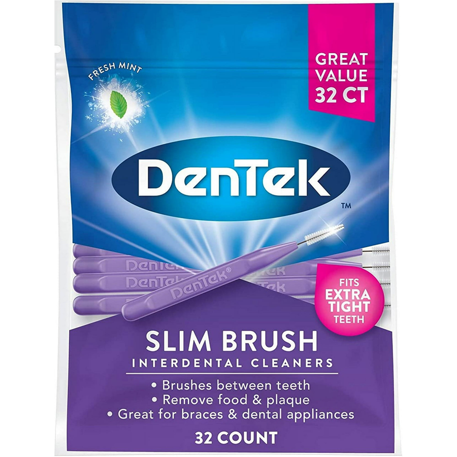 DenTek Slim Brush Advanced Clean interdental cleaners for tight spaces, 32-count, designed for effective oral hygiene.