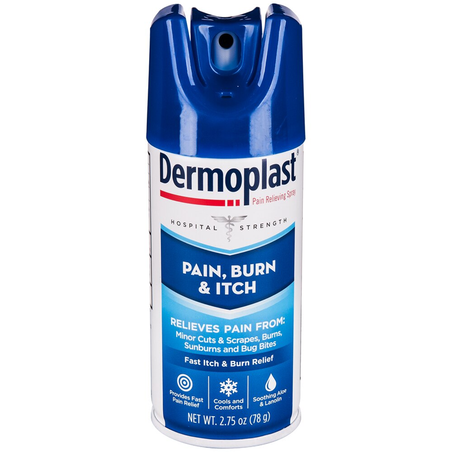 Dermoplast Pain, Burn & Itch Relieving Spray in 2.75 oz bottle, designed for soothing skin discomfort, by Pasteur Pharmacy.