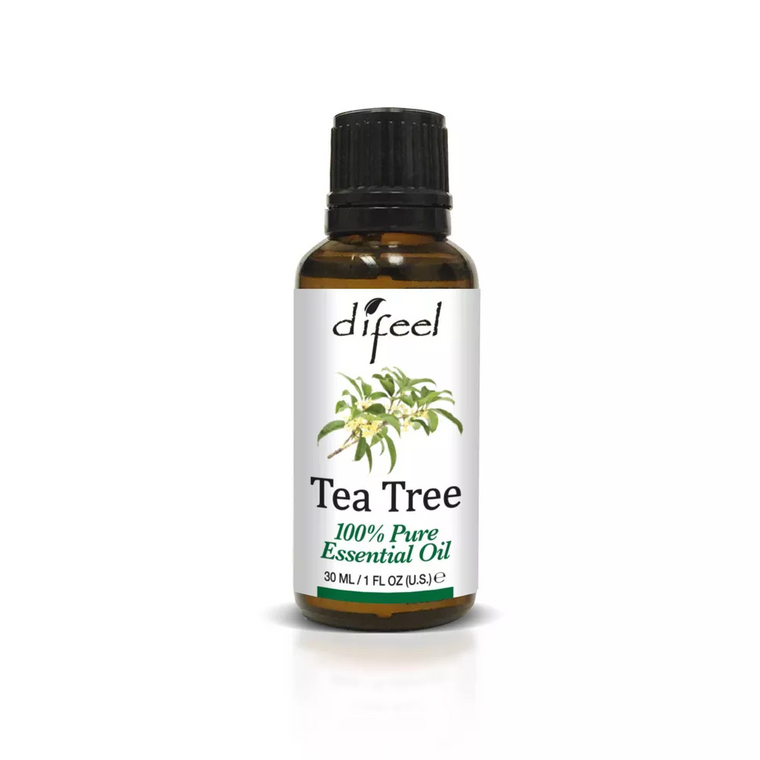 Difeel 100% pure tea tree oil in a 1-ounce bottle, natural health and beauty essential oil for skin and hair care.