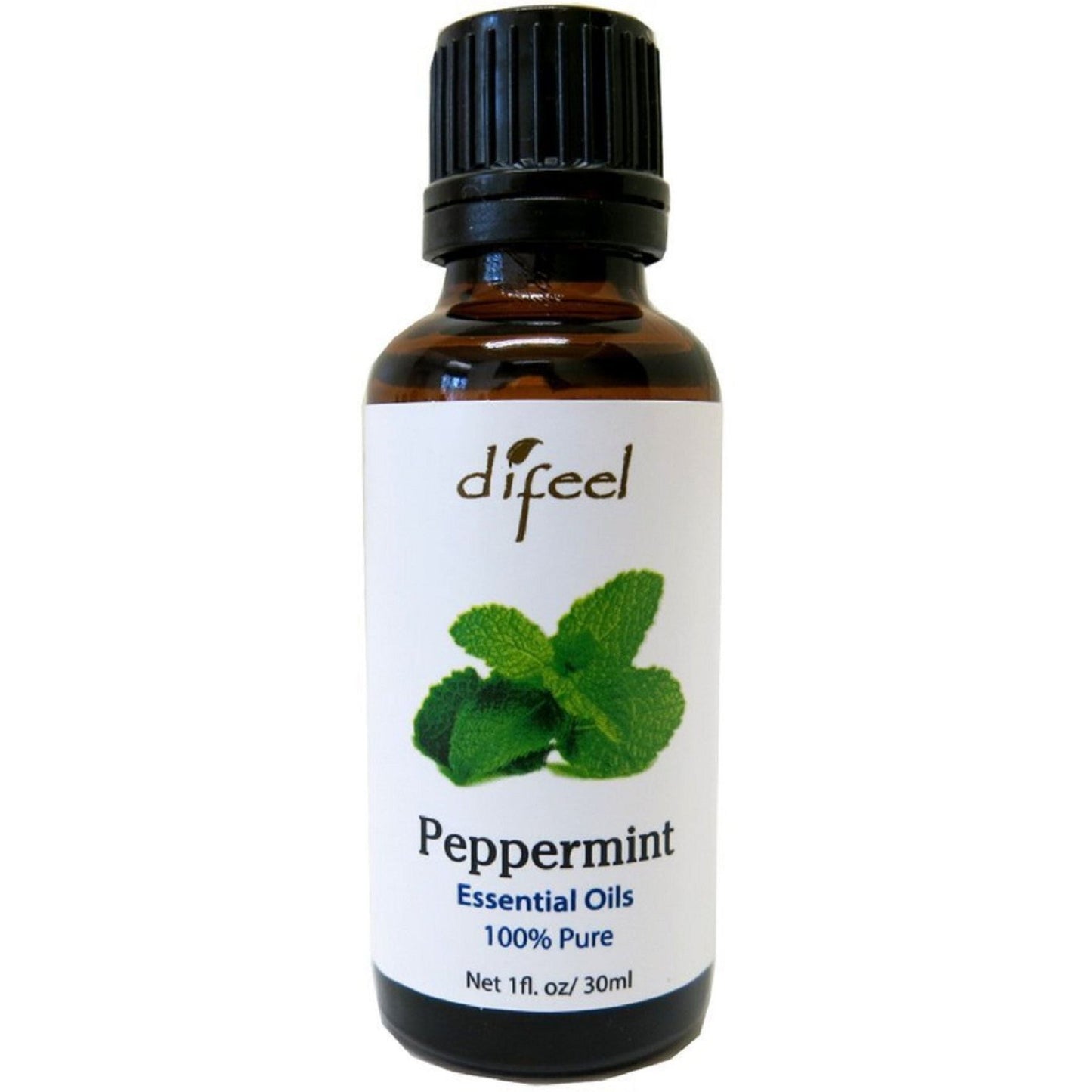 Difeel Essentials 100% Pure Peppermint Oil bottle, natural health and beauty product with a clear label and dropper cap.
