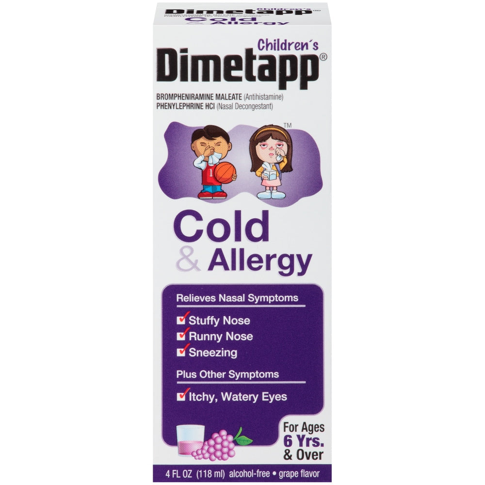 Dimetapp Children's Cold & Allergy Grape Flavor Liquid in a 4 oz bottle, for relief of cold and allergy symptoms in kids.