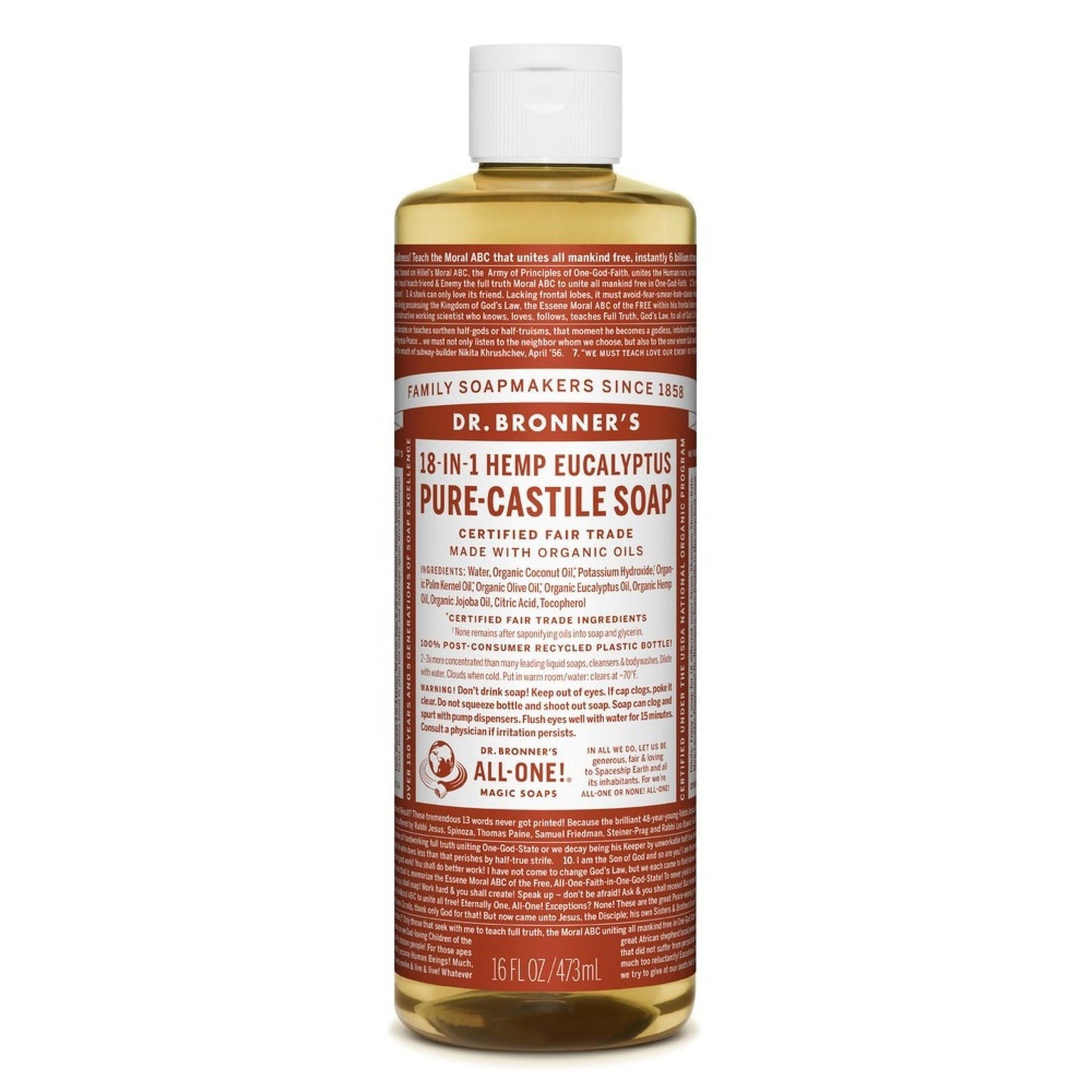 Dr. Bronner's Hemp Eucalyptus Castile Liquid Soap in 16 oz bottle, natural health and beauty product with eco-friendly packaging