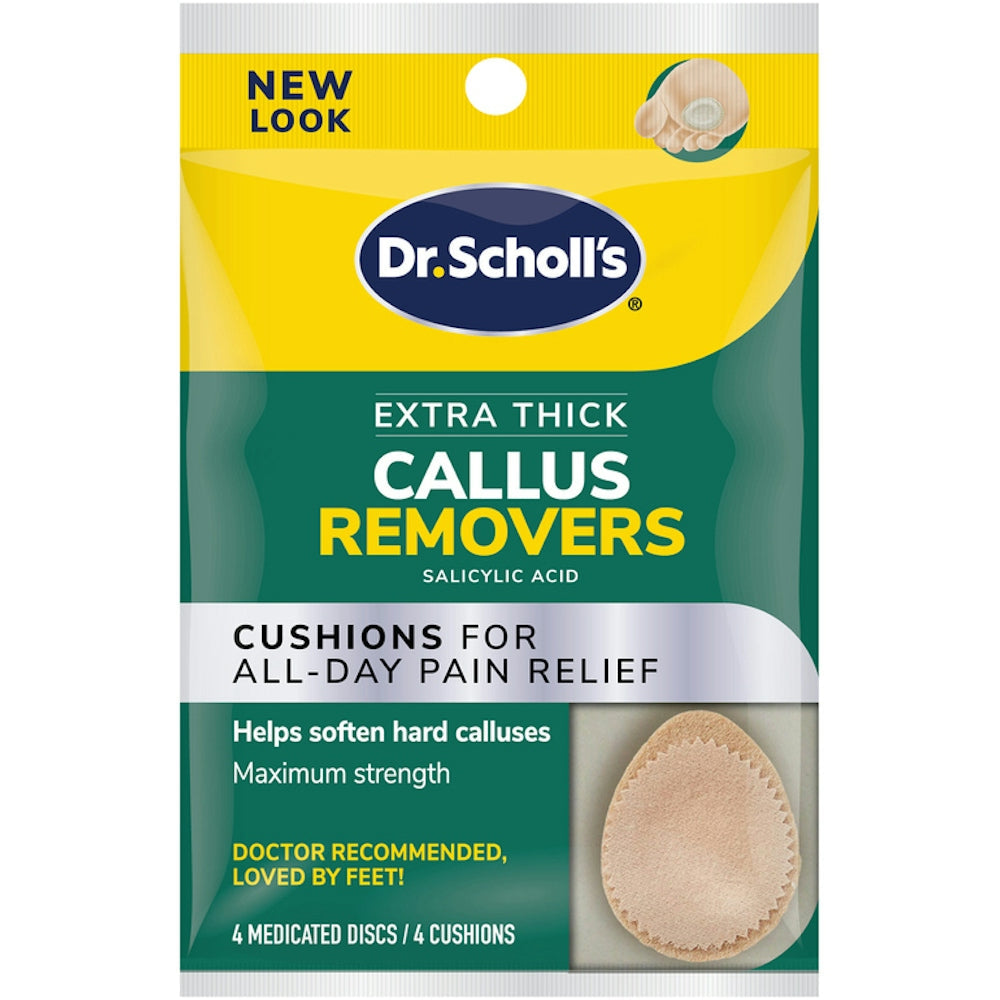 Dr. Scholl's Callus Removers Extra Thick pads for foot care, shown in a health and beauty product image.