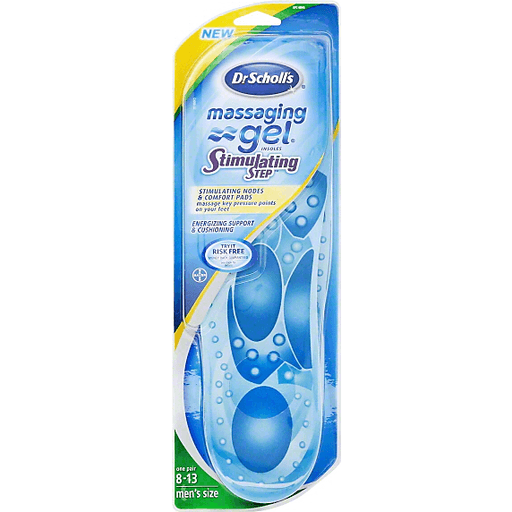 Dr. Scholl's men's massaging gel insoles for size 8-13, designed to provide comfort and stimulation inside shoes.