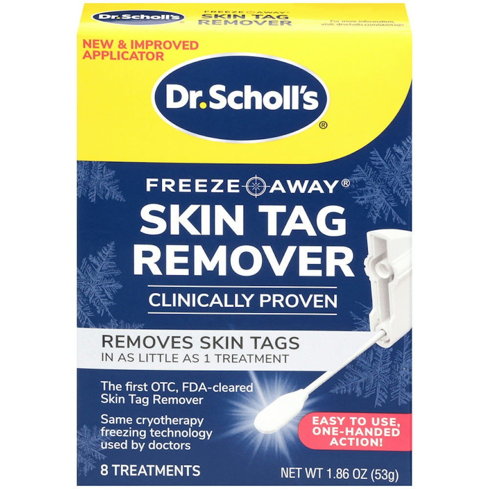 Dr. Scholl's Skin Tag Remover pack with 8 treatments, used for removing skin tags, in a health and beauty product setting.