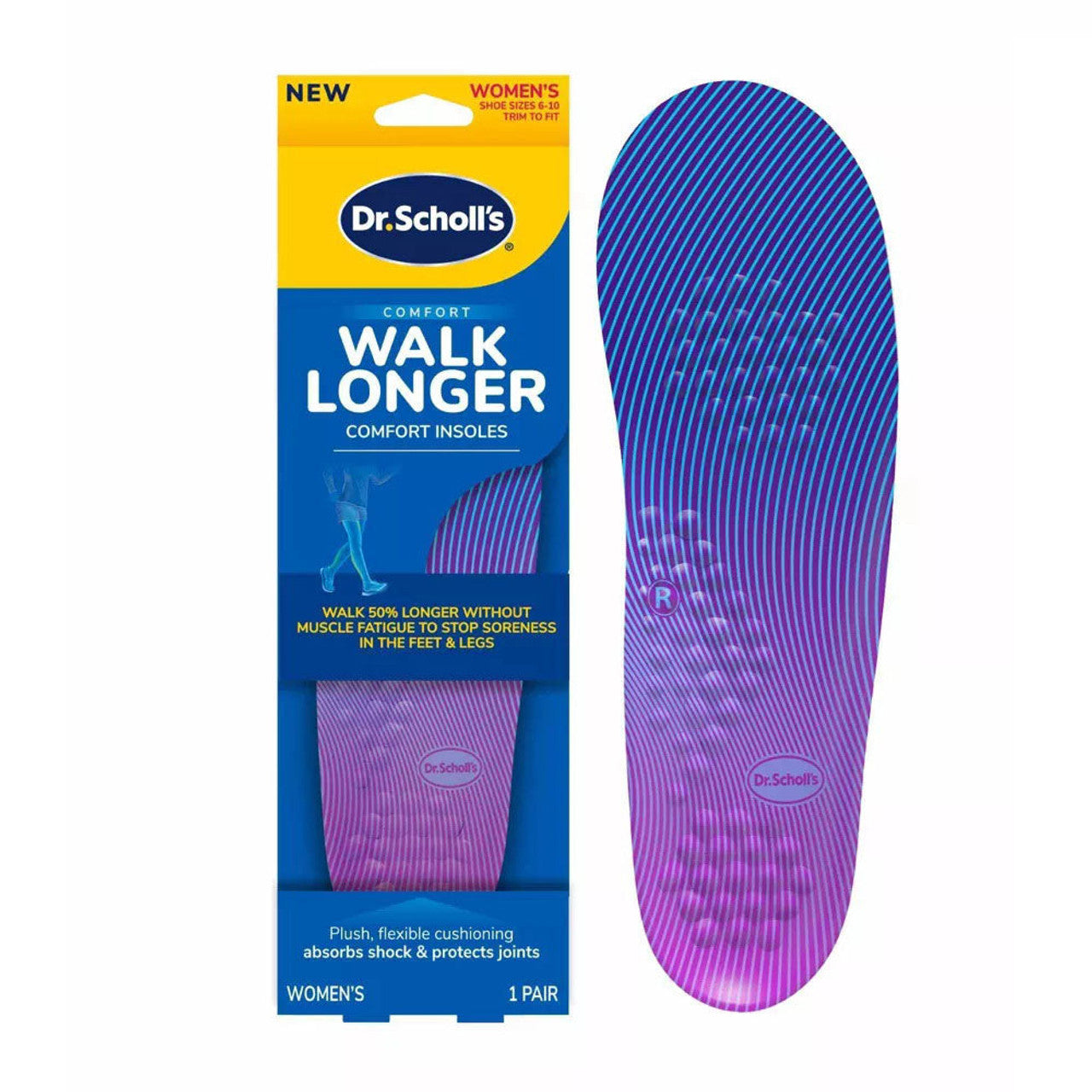 Dr. Scholl's women's Walk Longer comfort insoles in a pair, designed for enhanced support and cushioning for everyday walking.